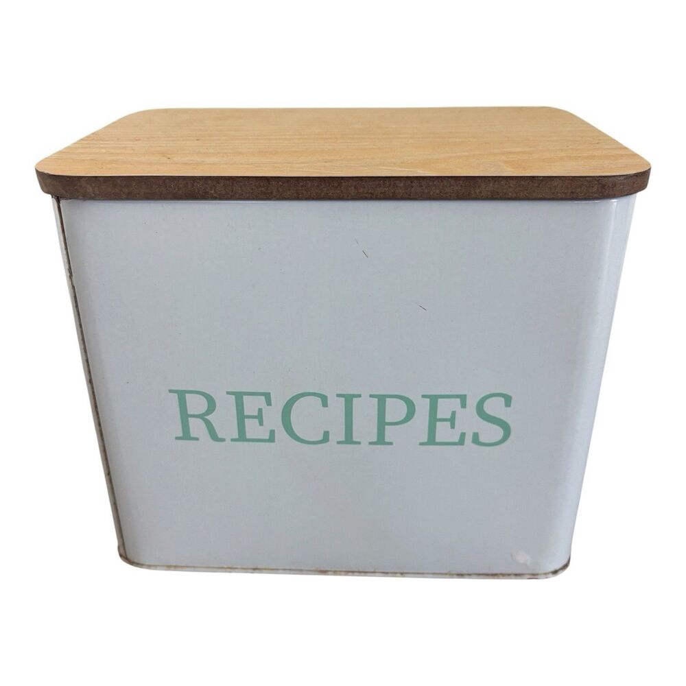 Vintage Unbranded Metal Recipe Box Tin White Wooden Lid Farmhouse Country Decor